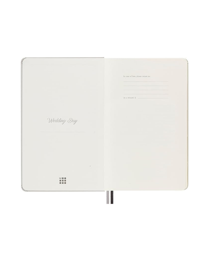 inside view of the Moleskine Wedding Journal with hardcover, elastic closure, two ribbon bookmarks, expandable inner pocket, 400 pages of ivory acid-free paper, and themed stickers for customization