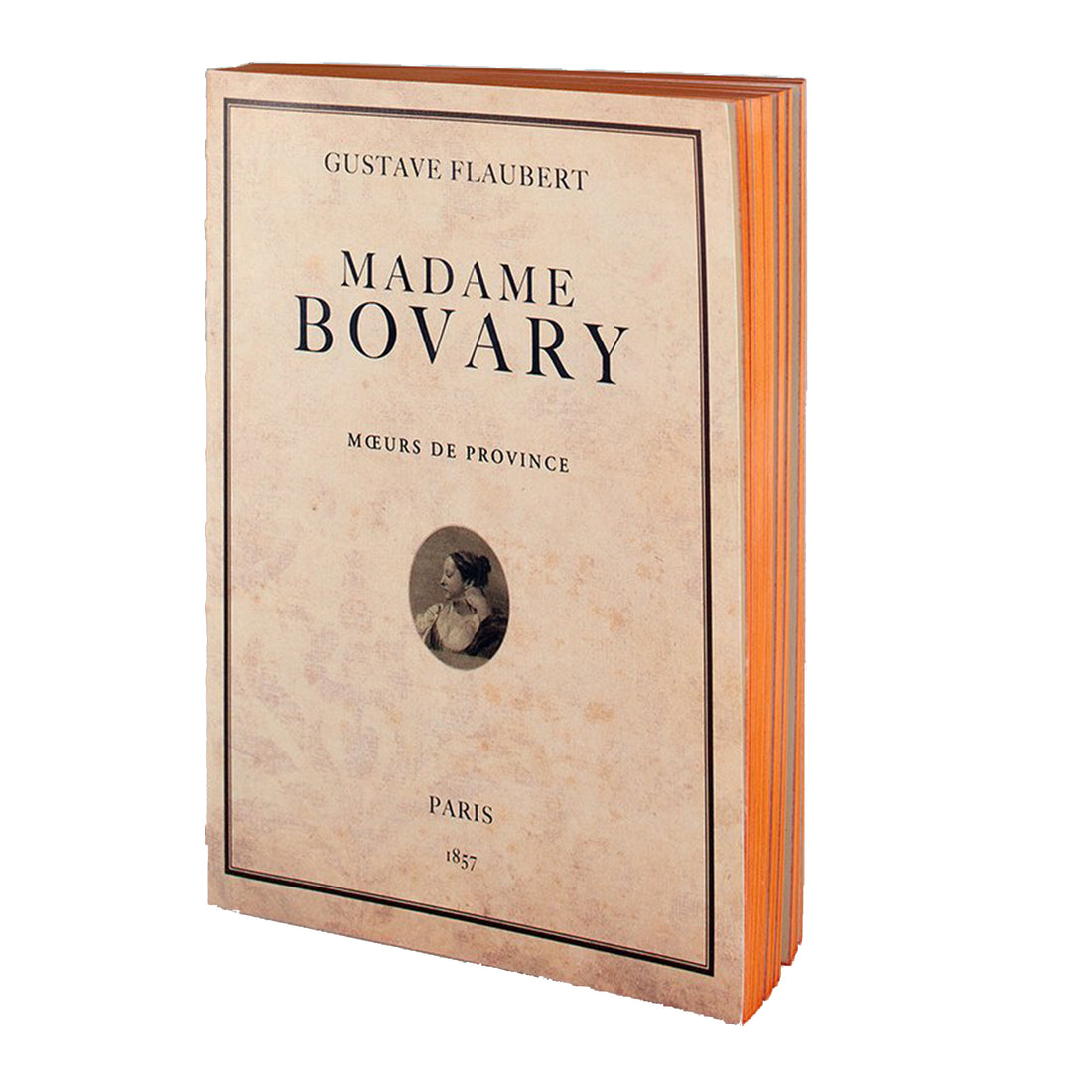 Cover of Madame Bovary handmade notebook from the Libri Muti Collection, featuring a soft cover and orange hand-coloured slice, crafted in Florence, Italy.