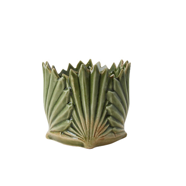 Antiqued Green Fan Leaf Ceramic Pot Cover