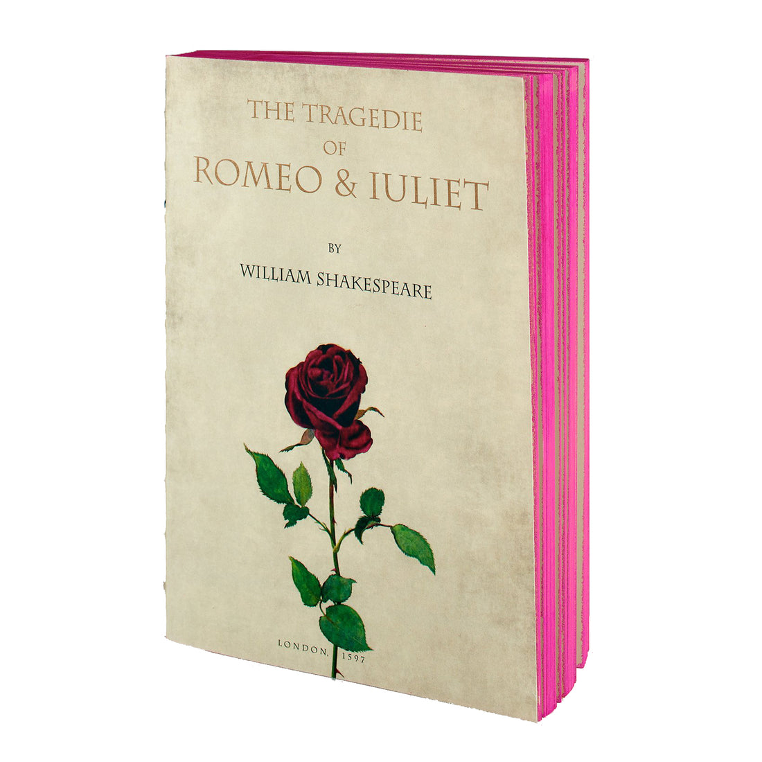 Front view of Romeo & Juliet handmade notebook, Libri Muti Collection with soft cover and pink hand-coloured slice, made in Florence, Italy.